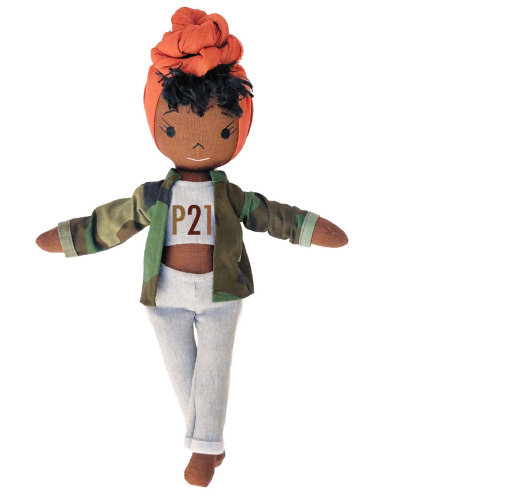 Handmade black doll with orange hair wrap and Post 21 clothes 